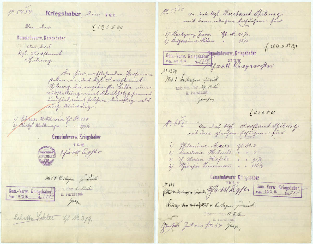 Klaubholz Antrag an das kgl Forstamt Biburg 1915